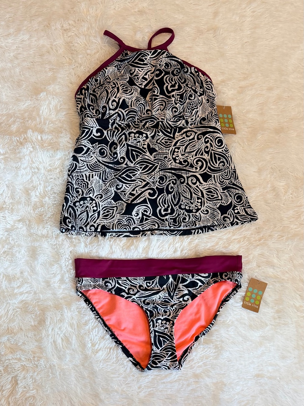 Title Nine Halter Tankini Swimsuit Set Black White Paisley Magenta Trim NWT